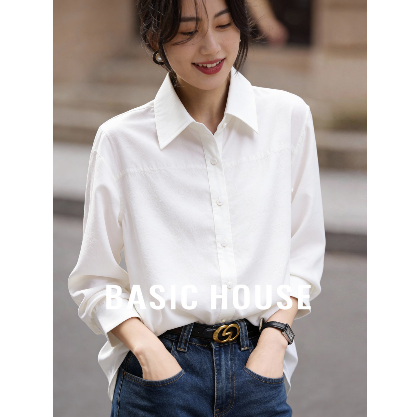 Basic House/百家好白色气质衬衫女宽松显瘦垂感通勤长袖衬衣外套,女装/女士精品,衬衫,淘宝优惠券,粉丝福利购,淘宝优惠卷