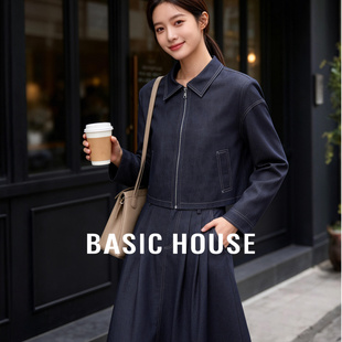 Basic House/百家好时尚套装女春牛仔短款上衣百褶半身裙两件套