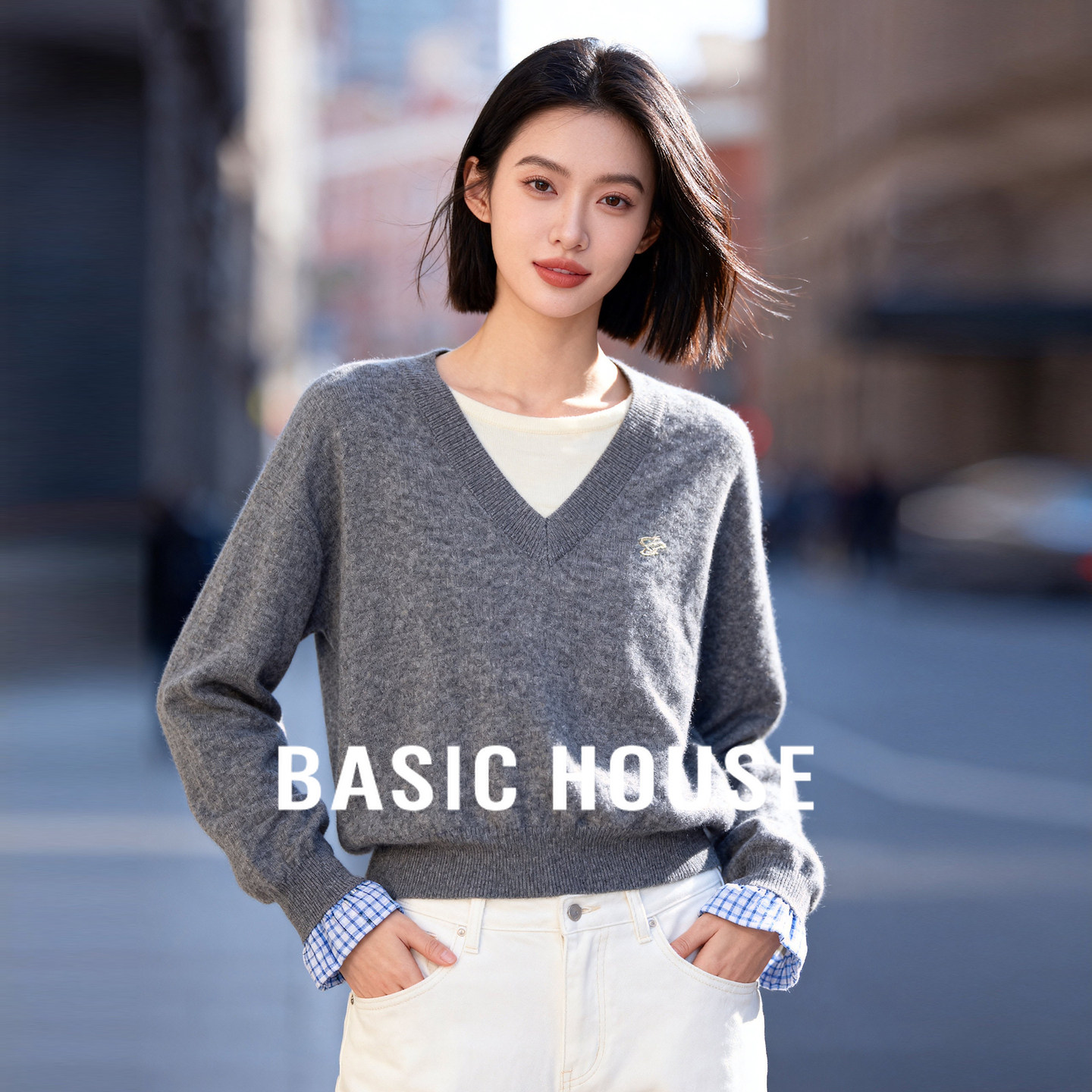 Basic House/百家好格纹拼接袖口设计秋冬新款简约优雅刺绣针织衫