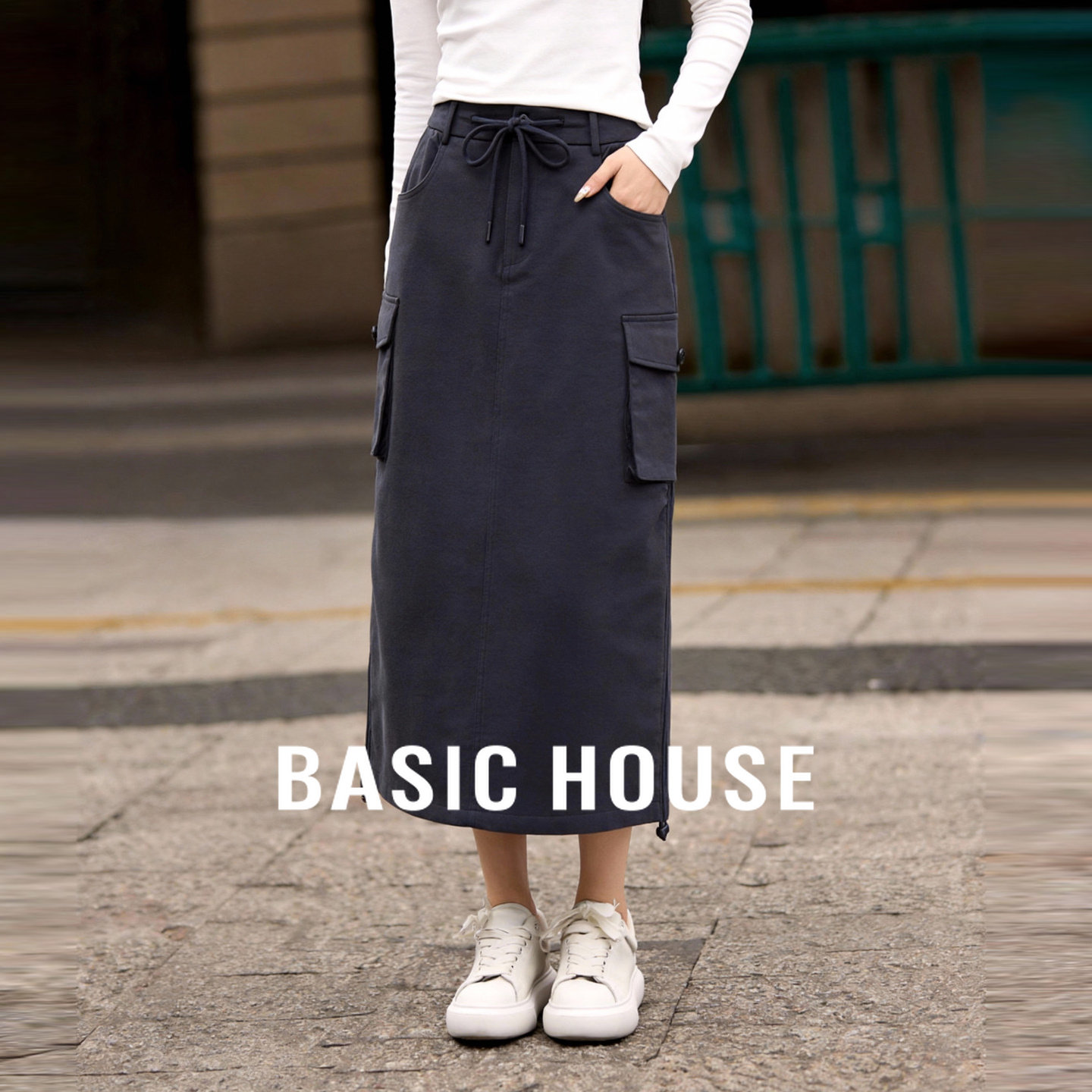 Basic House/百家好美式轻工装裙女春季新款后开叉复古抽绳半身裙,女装/女士精品,半身裙,淘宝优惠券,粉丝福利购,淘宝优惠卷