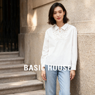 Basic House/百家好精致领口提花设计秋冬新款翻领简约优雅衬衫女