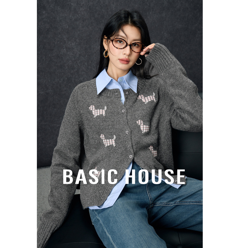 Basic House/百家好小狗刺绣毛衣秋冬新款减龄绵羊毛圆领开衫外套