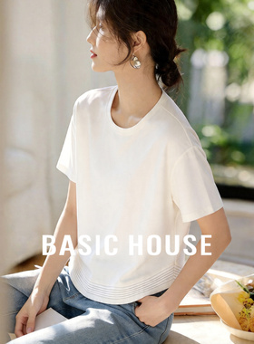 Basic House/百家好设计感压褶下摆圆领短袖T恤女夏气质通勤上衣