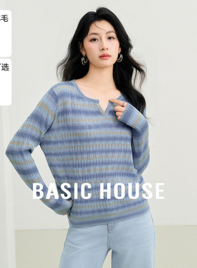 Basic House/百家好撞色条纹针织衫女款2026春新款宽松长袖上衣