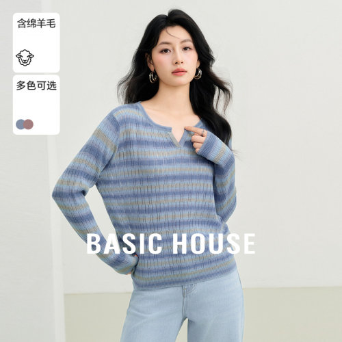 Basic House/百家好撞色条纹针织衫女款2026春新款宽松长袖上衣
