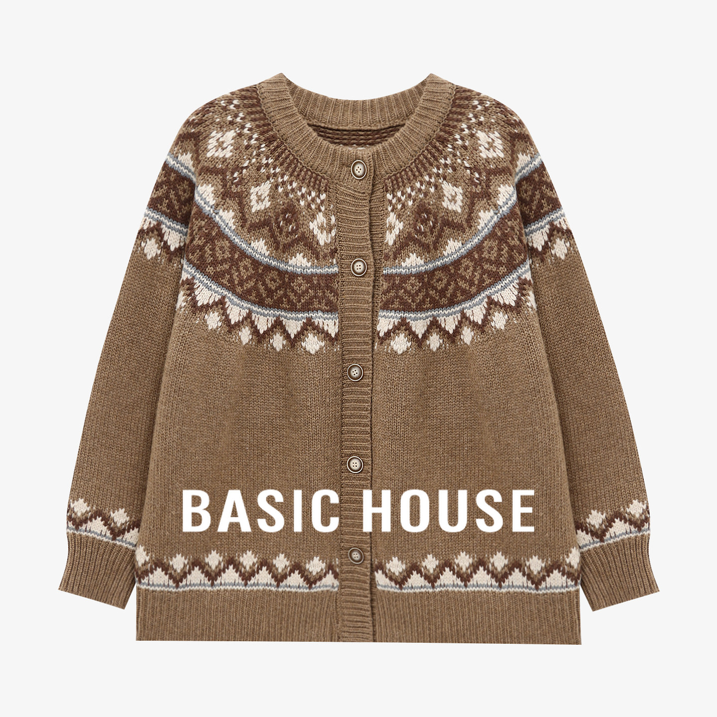 Basic House/百家好复古费尔岛毛衣女2025冬新款设计感单排扣上衣,女装/女士精品,毛衣,淘宝优惠券,粉丝福利购,淘宝优惠卷