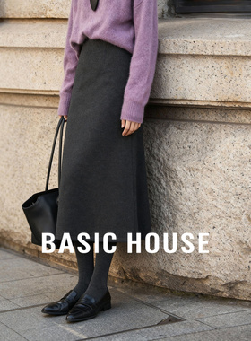 Basic House/百家好高腰A字半身裙女冬季灰色中长款毛呢裙子加厚
