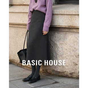 Basic House/百家好高腰A字半身裙女冬季灰色中长款毛呢裙子加厚