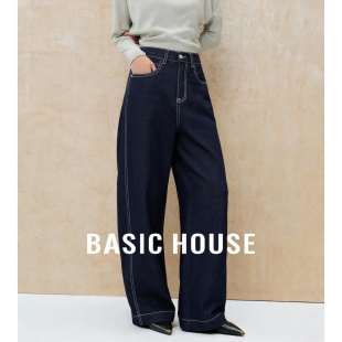 高腰宽松直筒显瘦复古九分裤 新款 女春季 百家好蓝色明线阔腿牛仔裤