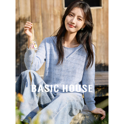 百家好连帽V领镂空显瘦针织衫女