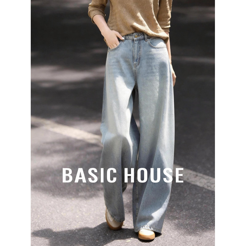 百家好浅蓝色复古直筒牛仔裤女春季2026新款阔腿显瘦通勤百搭裤子