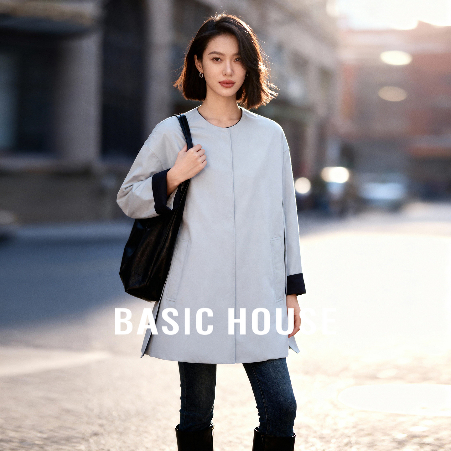 Basic House/百家好圆领撞色袖口羽绒服女25秋季宽松中长保暖外套