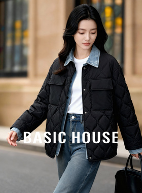 Basic House/百家好轻薄翻领短款羽绒服女2025冬季新款大口袋外套