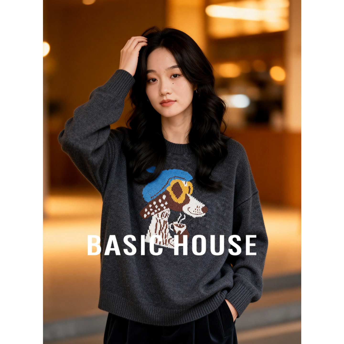 百家好卡通印花针织毛衫冬季新款女士减龄慵懒风宽松遮肉套头毛衣