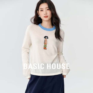 Basic 百家好卡通刺繡圓領(lǐng)針織衫 女秋季 寬松綿羊毛拼色上衣 House