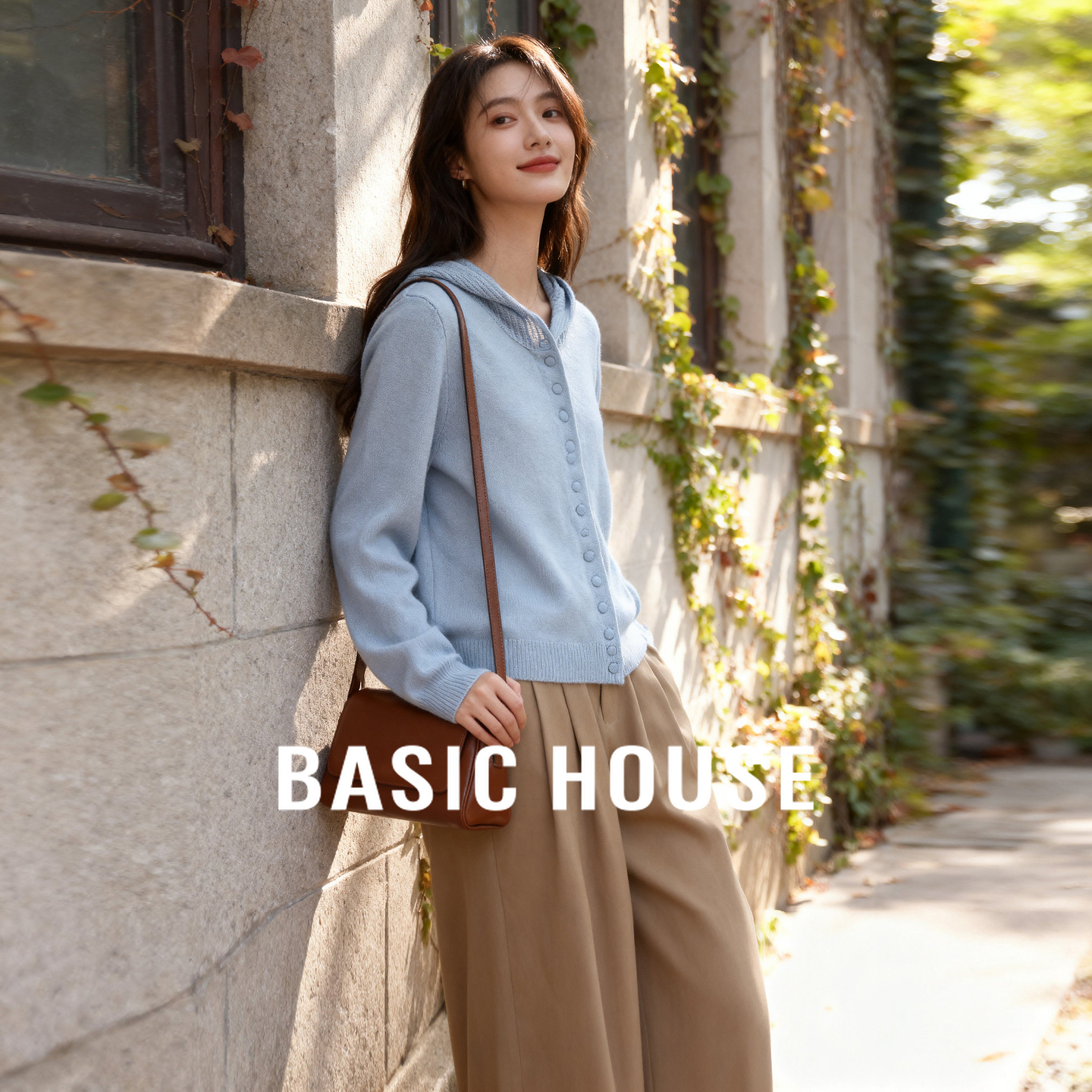 Basic House/百家好绵羊毛纯色连帽毛衣开衫小个子秋季针织上衣女