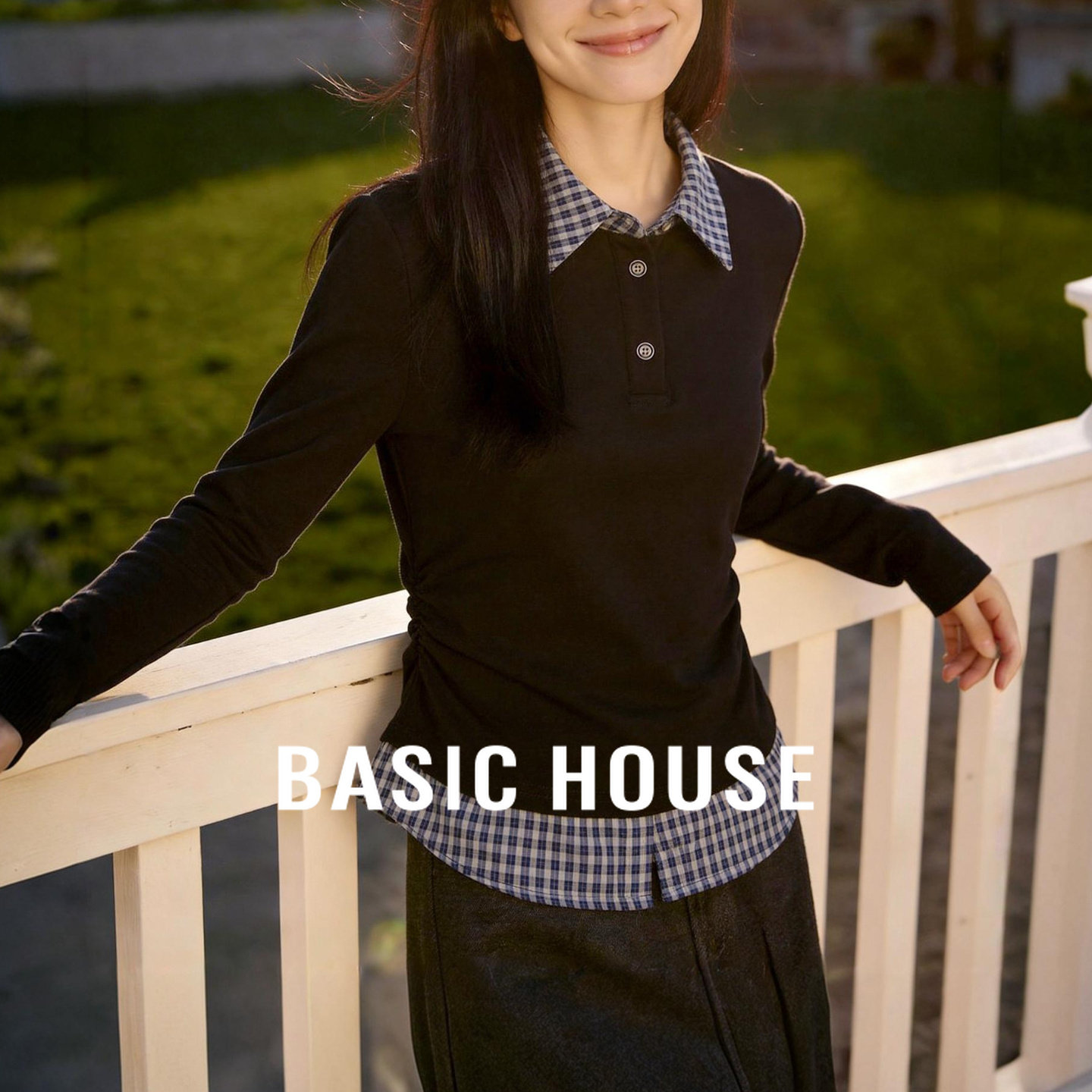 Basic House/百家好复古格纹翻领假两件T恤春季减龄通勤长袖上衣