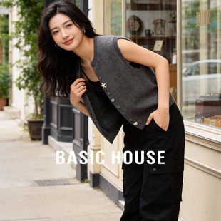 百家好深灰色圆领针织马甲春季新款女士个性纽扣叠穿开衫马夹背心