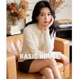 珍珠装 百家好米白蕾丝领花边袖 新款 女春季 饰连帽毛衣 绵羊毛针织衫