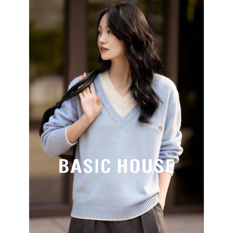 百家好绵羊毛V领假两件针织羊毛衫女春季新款撞色高级感显瘦上衣