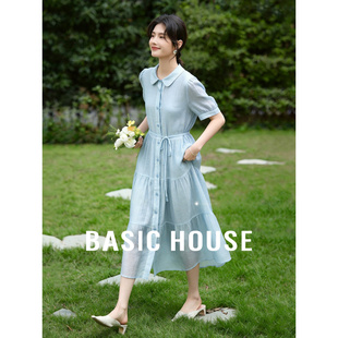 百家好蓝色衬衫 裙子 连衣裙女夏系带收腰显瘦中长裙减龄气质修身