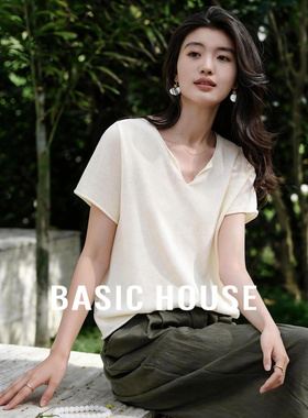 Basic House/百家好纯色V领短袖针织衫女春白色含桑蚕丝宽松上衣