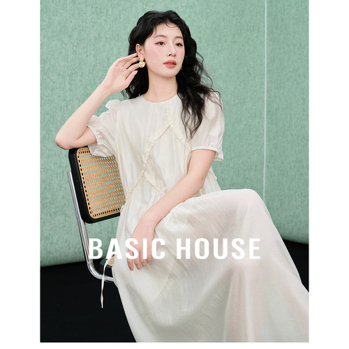 Basic House/百家好莱赛尔甜美小白裙夏法式泡泡袖抽绳中长连衣裙