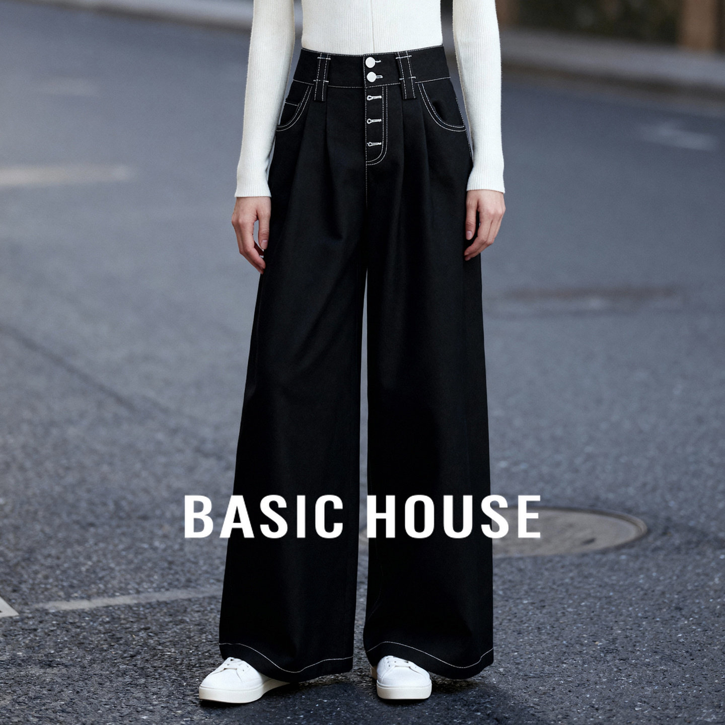 Basic House/百家好黑色高腰阔腿牛仔裤2026高级感宽松直筒裤子女