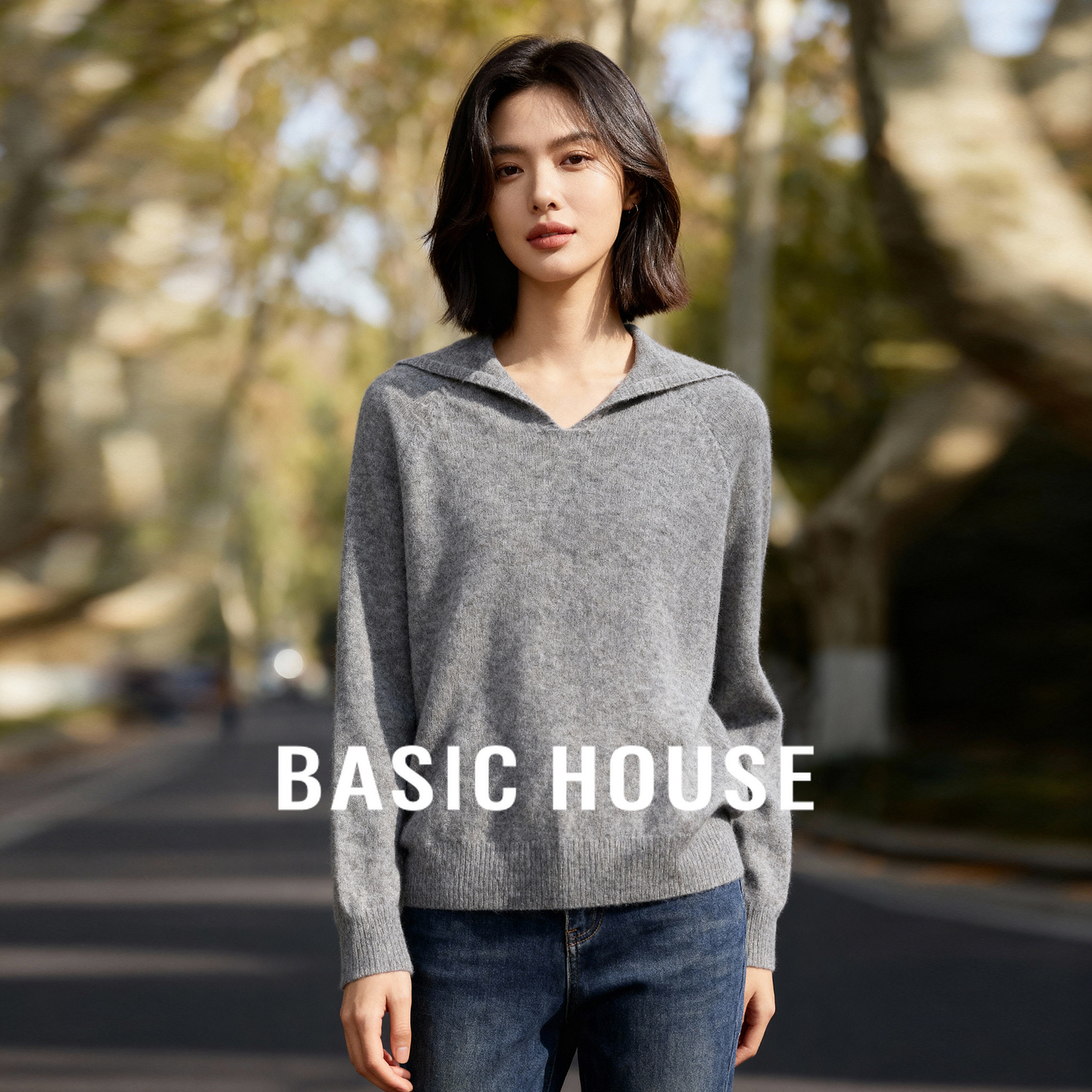 Basic House/百家好简约连帽针织毛衣2025秋冬温柔气质保暖上衣女