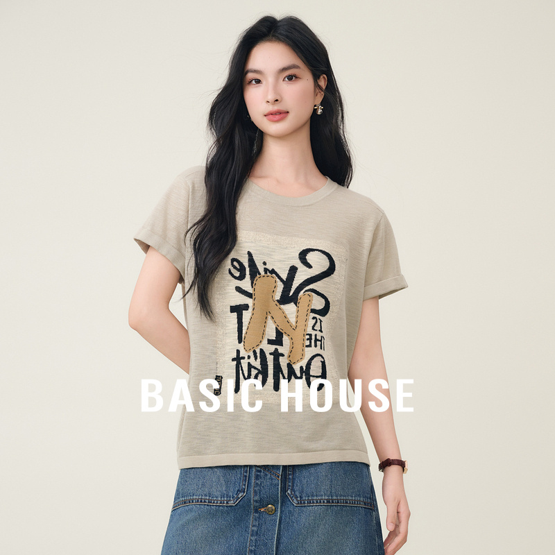 Basic House/百家好美式字母印花设计夏季新款宽松显瘦短袖针织衫