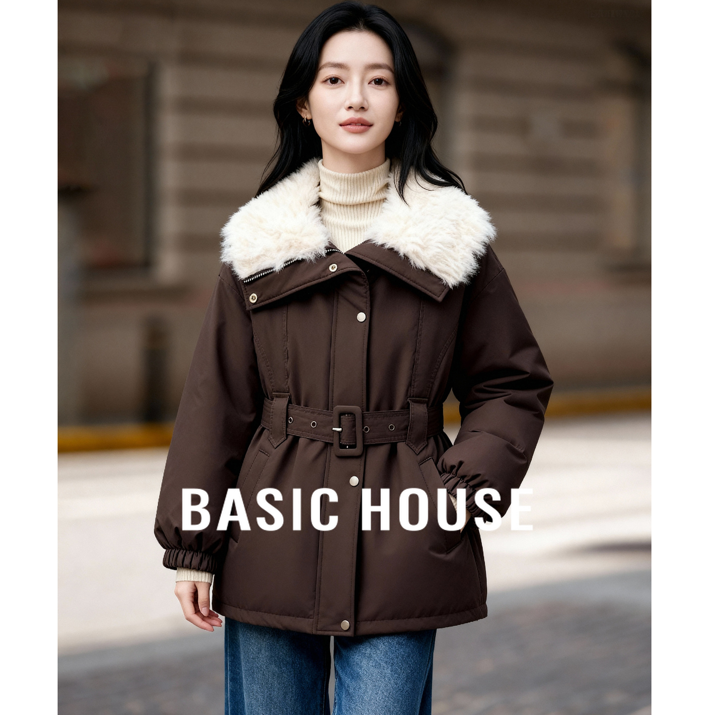 Basic House/百家好复古毛绒领收腰派克羽绒服女宽松加厚保暖外套