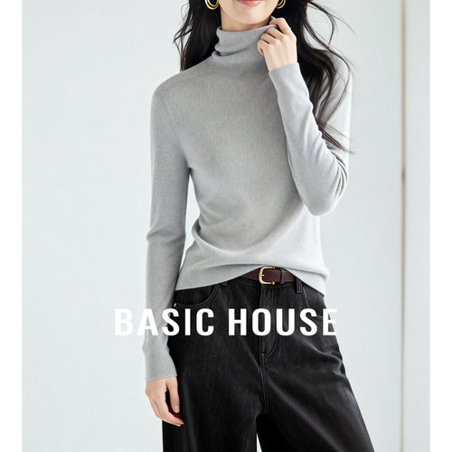 百家好暗纹高领女坑条肌理修身软糯混纺通勤内搭保暖极简风针织衫