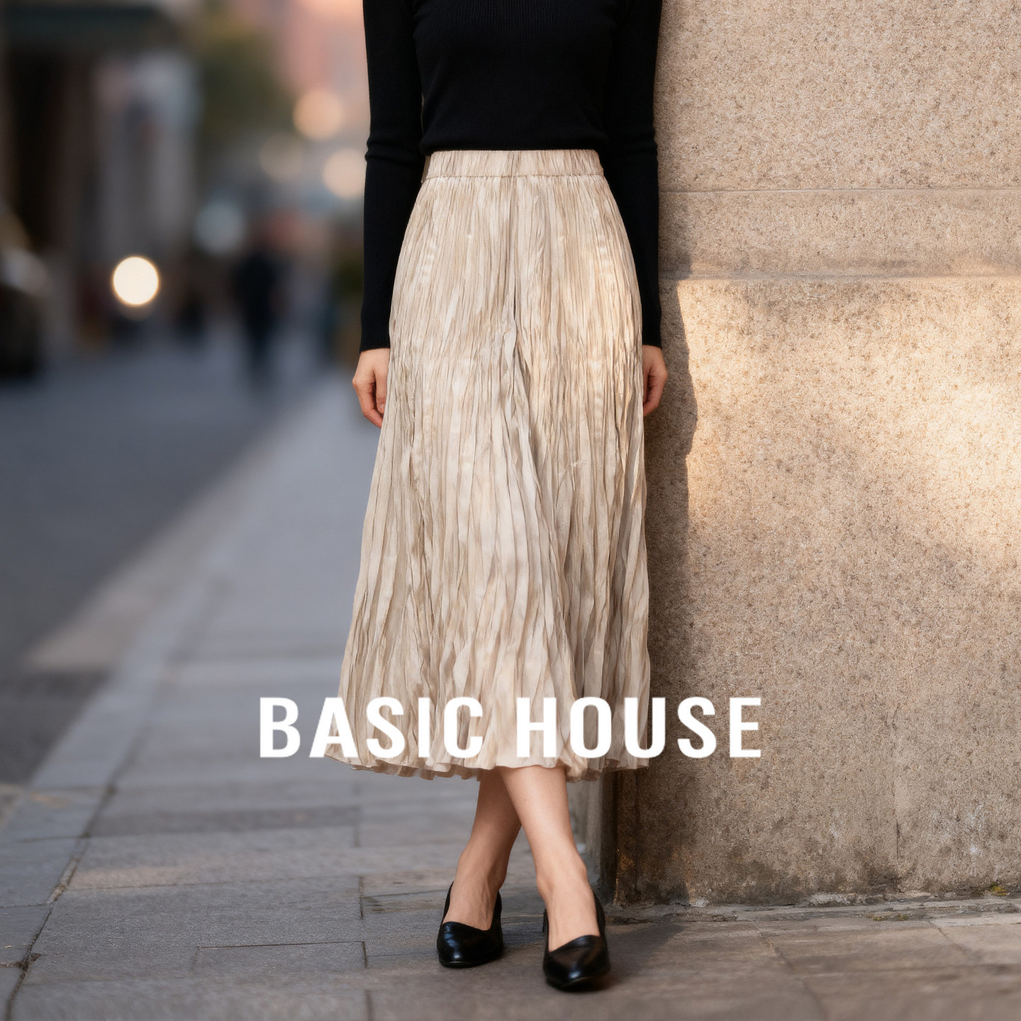 Basic House/百家好高级感流光压褶半身裙女2026宽松垂感中长伞裙