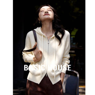 Basic House/百家好连帽米色毛衣开衫女春季新款宽松休闲外套上衣