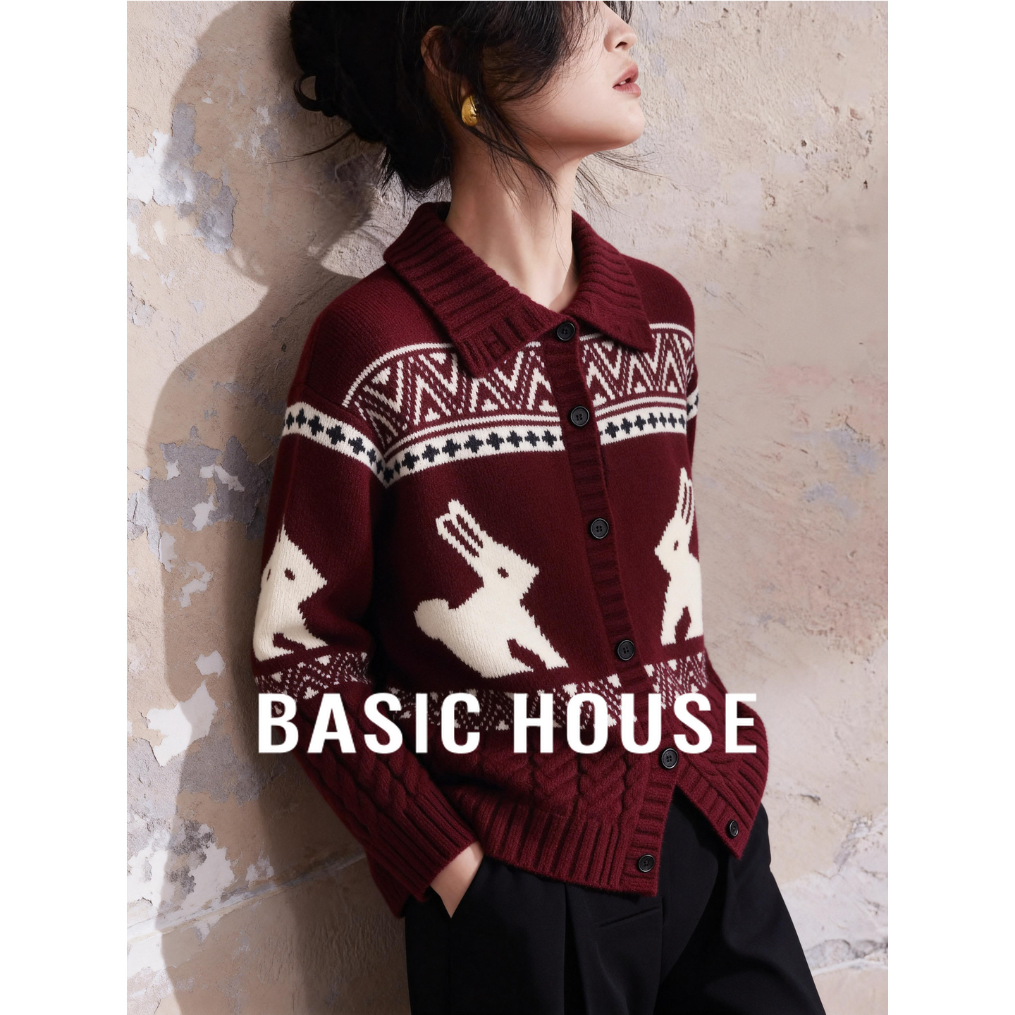 复古提花翻领毛衣