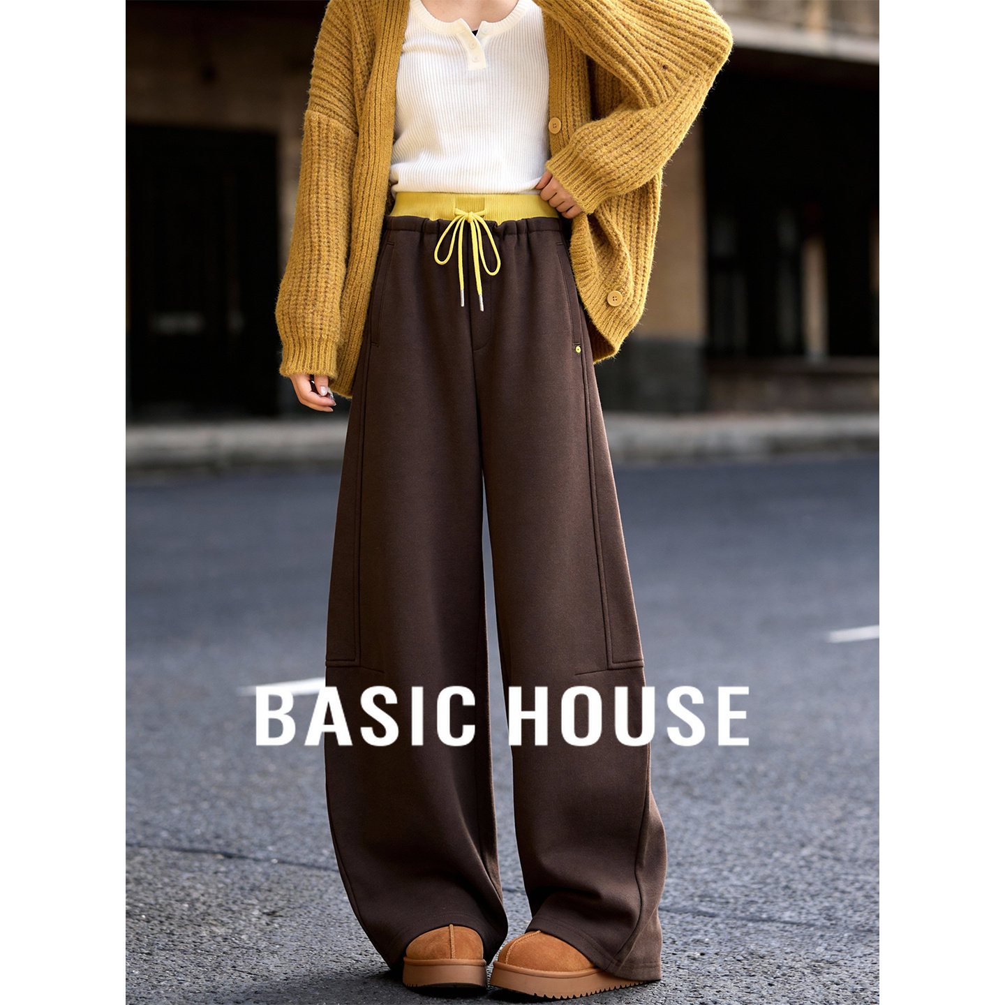 Basic House/百家好撞色松紧腰阔腿卫裤女冬季宽松垂感慵懒风长裤