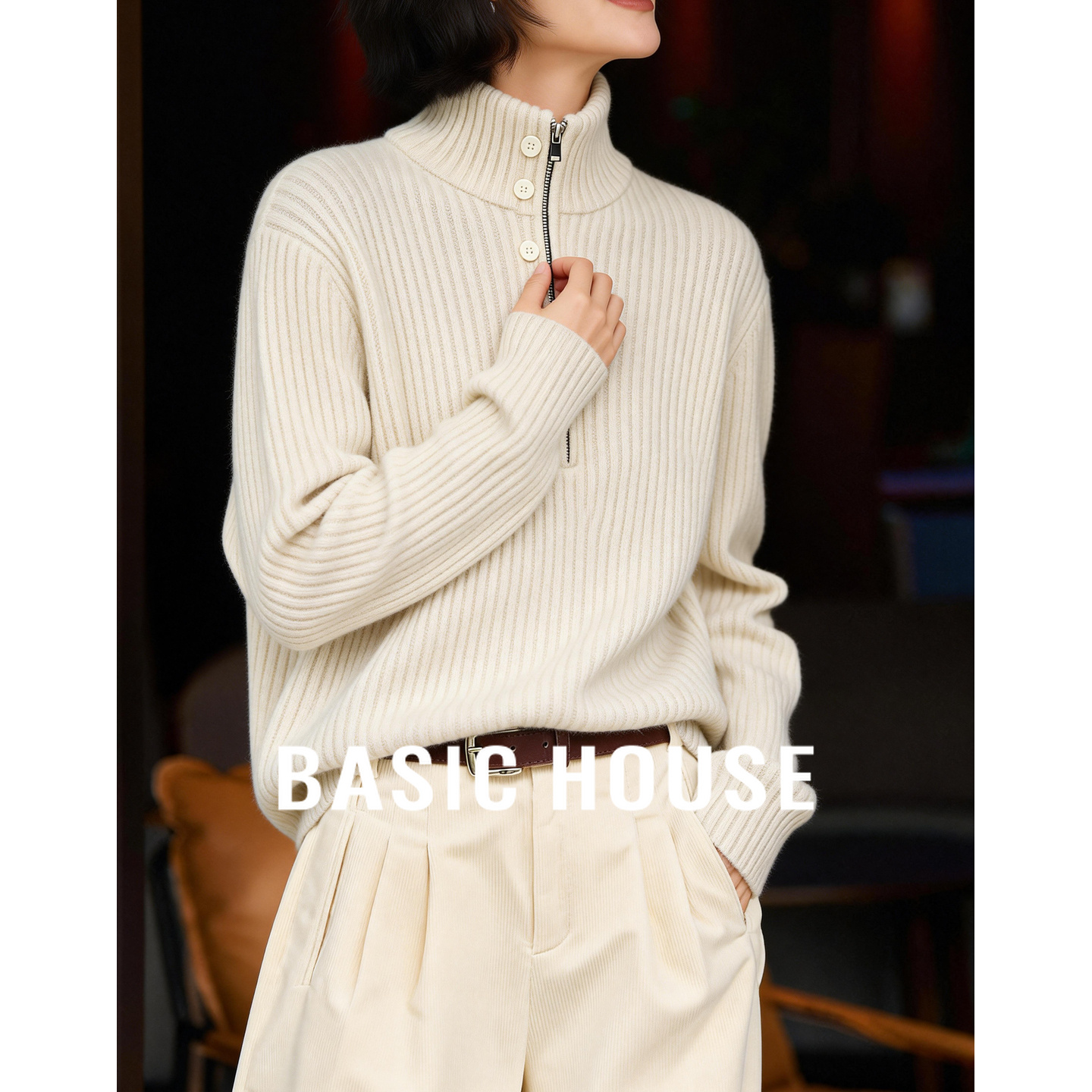 百家好半拉链坑条女高领修身打底衫通勤内搭外穿保暖上衣休闲毛衣