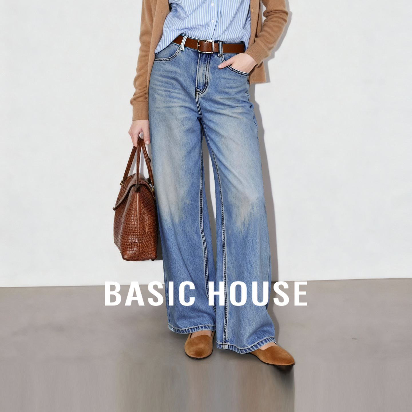 百家好莱赛尔加绒复古水洗直筒牛仔裤女冬季新款高腰休闲阔腿长裤