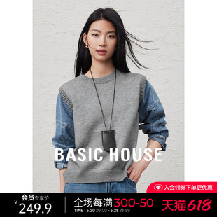 春季 Basic 百家好牛仔拼接假两件针织衫 上衣 House 休闲圆领长袖