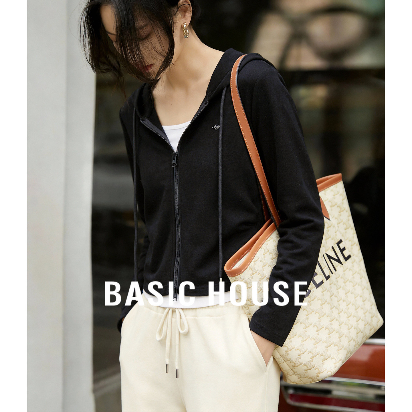 百家好假两件连帽卫衣外套女2026春装新款小个子显瘦黑色拉链上衣