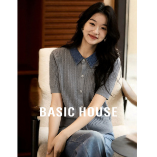 Basic House/百家好新款灰色针织短袖女夏季牛仔领拼接温柔风开衫