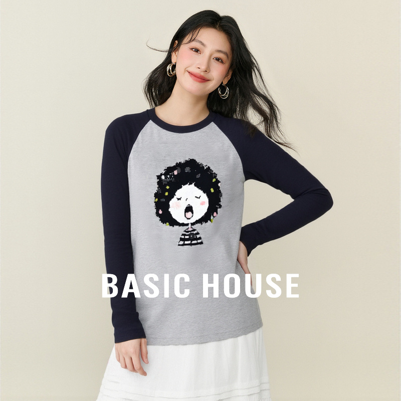Basic House/百家好卡通撞色针织衫秋冬减龄绵羊毛圆领插肩袖上衣