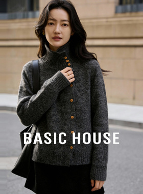 Basic House/百家好高领灰色毛衣女冬季新款设计感绵羊毛套头上衣