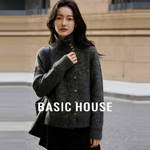 Basic House/百家好高领灰色毛衣女冬季新款设计感宽松羊毛衫上衣