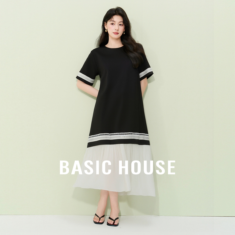 Basic House/百家好韩版撞色简约T恤裙夏季宽松显瘦中长款连衣裙