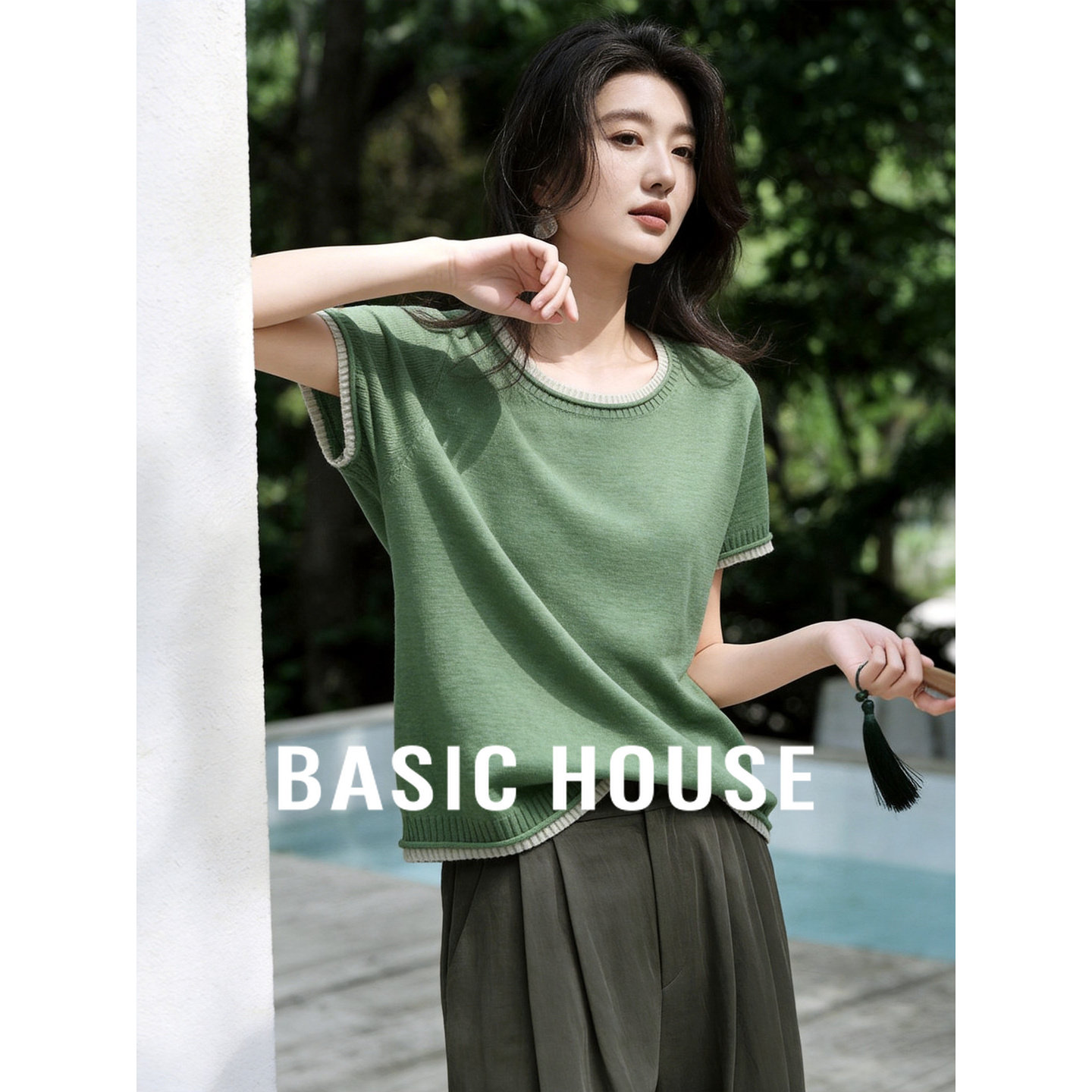 Basic House/百家好韩版撞色领短袖针织衫夏季女宽松圆领内搭上衣