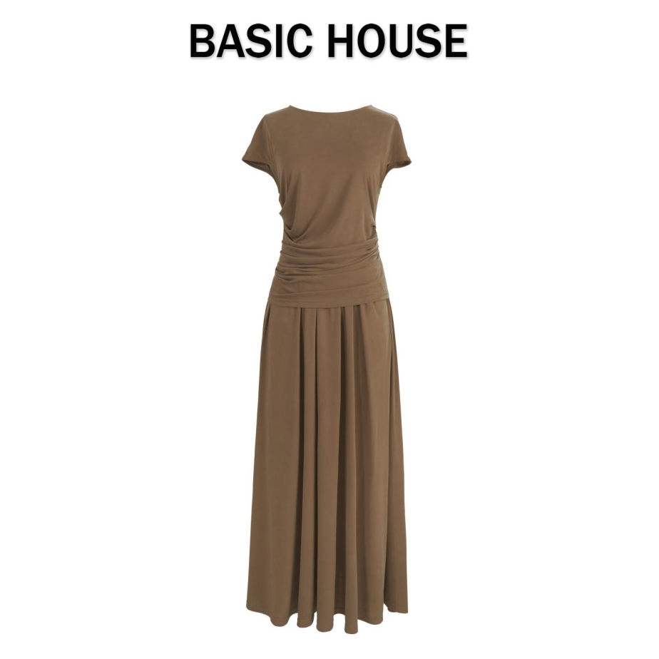 Basic House/百家好波嬉风高级气质感褶皱短袖T恤垂感半身裙套装