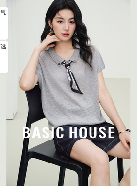 Basic House/百家好翻领丝巾小香风短袖针织衫女夏季新款短款上衣