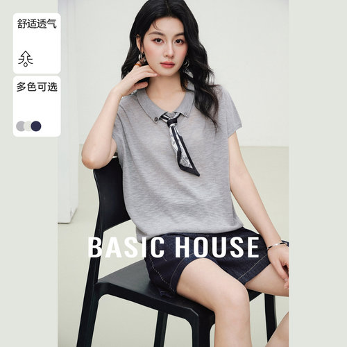 Basic House/百家好翻领丝巾小香风短袖针织衫女夏季新款短款上衣