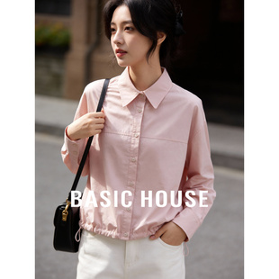Basic House/百家好早春新100棉亲肤透气衬衫女抽绳下摆基础衬衣